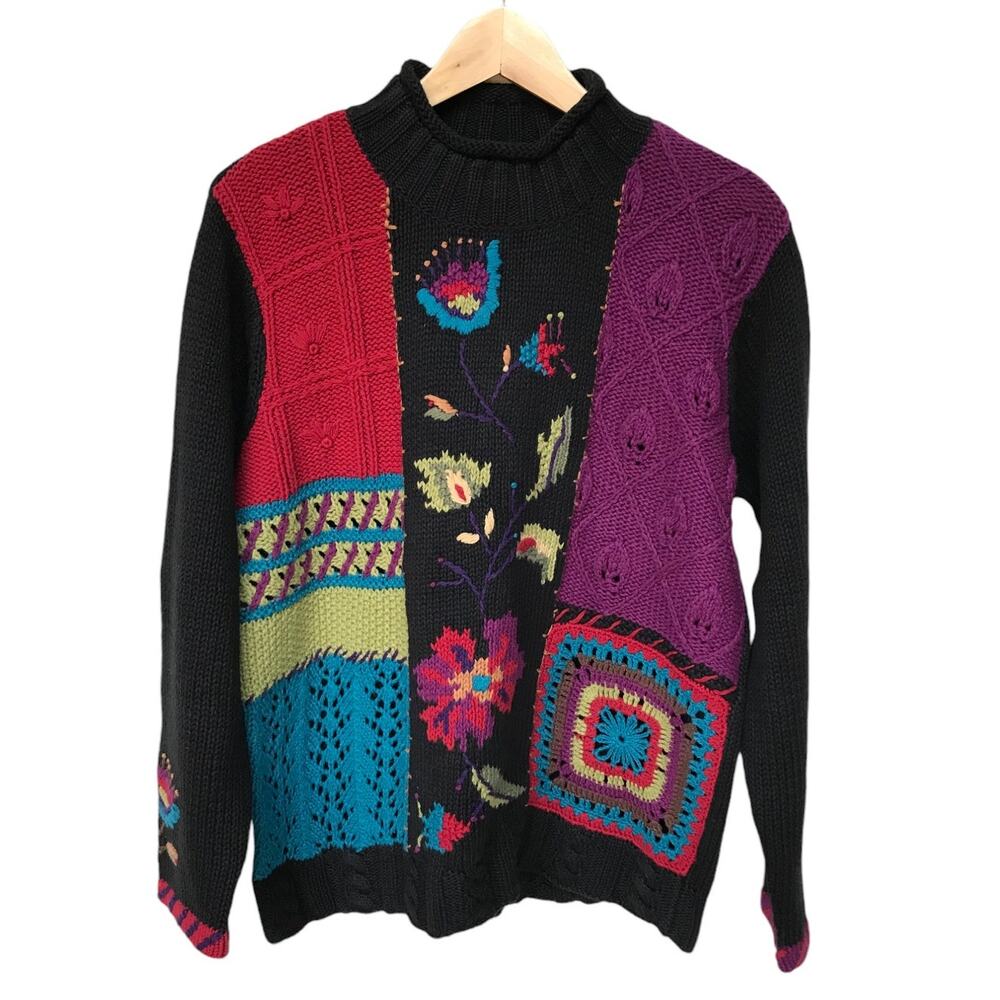 Coldwater Creek Colorful Patchwork Embroidered Granny Sweater size M